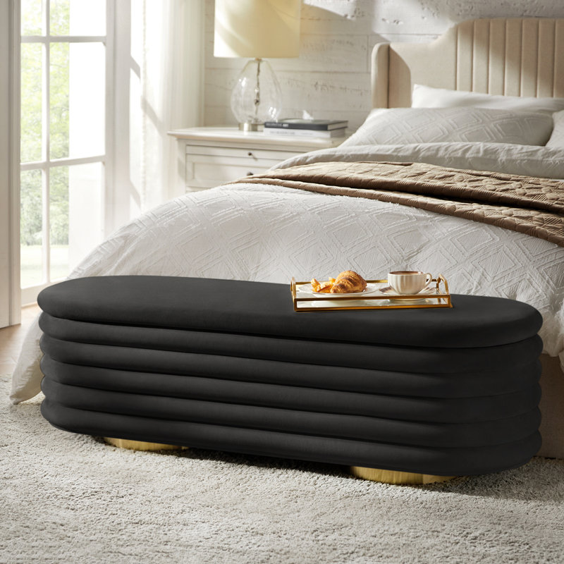 Nettie 54" Modern Velvet Boucle Upholstered Tufted Storage Bench with Gold-finished Metal Legs, Black