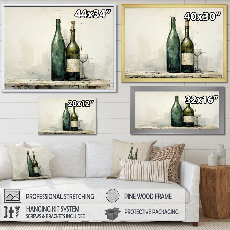 «Green Minimalist Wine Bottles Silhouette I», art mural vin, Cadre de coin blanc fermé, H 12 po x l 20 po x P 1 po