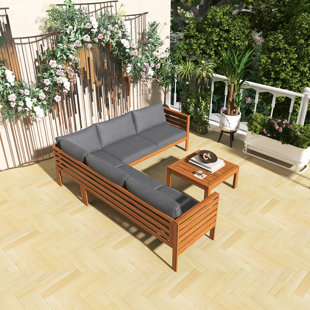 Ensemble de canapé d'extérieur de style japonais 4 pièces, structure en bois d'acacia et en métal, coussins lavables, avec canapé d'angle et table basse, résistant à l'eau et protégé contre les rayons UV