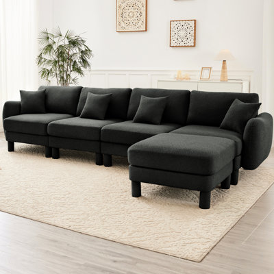 Canapé modulaire à 4 places en tissu bouclé gris foncé avec siège à ressorts en mousse dense, amovible et élégant