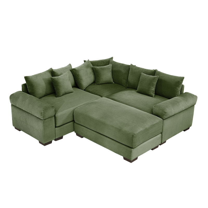 Kojka Convertible Corduroy Modular Sectional Sofa with Thick Armrests & Movable Ottoman, Green Corduroy