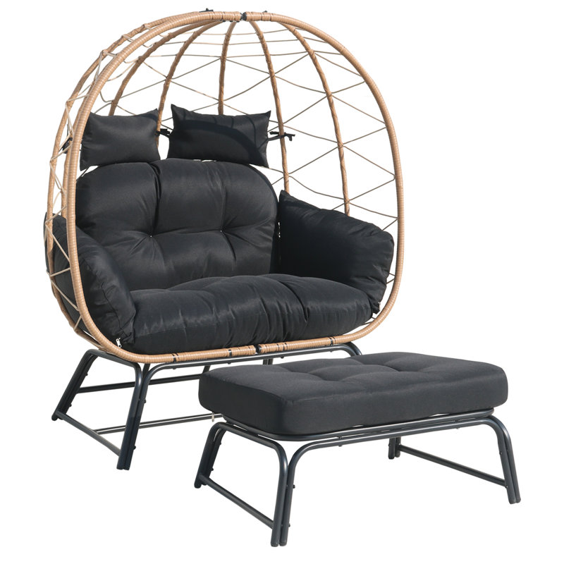 Wicker Egg Chair with Ottoman & Cushion - Outdoor Patio Hanging Chair with Footrest, Black, Beige