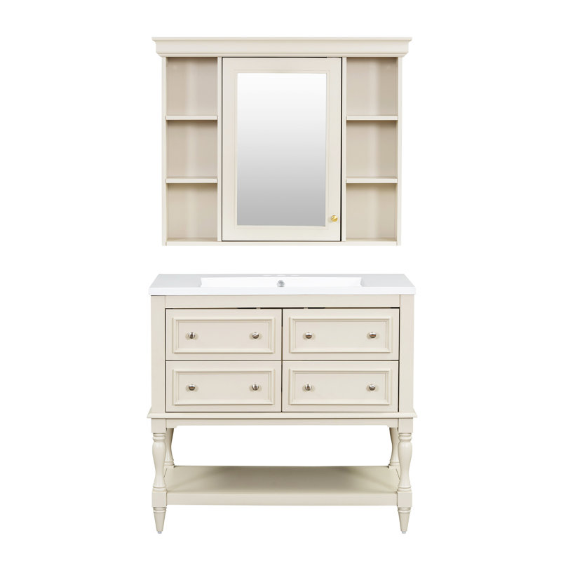 Meuble-lavabo de 36 po avec armoire à pharmacie, armoire à miroir moderne avec tablette réglable, armoire de rangement pour salle de bain à 4 tiroirs, armoire de rangement pour cadre de salle de bain en bois massif