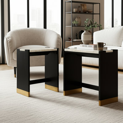 Stone And Acacia Wood Accent Tables With Travertine Top, Set Of 2