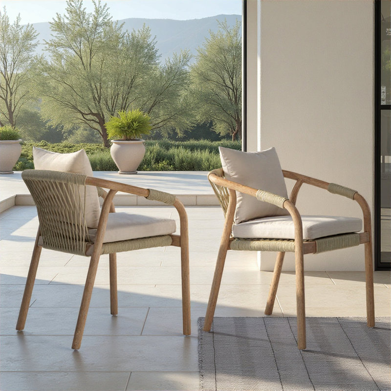 Chaise de salle à manger d'extérieur Balmor en eucalyptus brossé avec coussin beige - ensemble de 2, Crème, crème