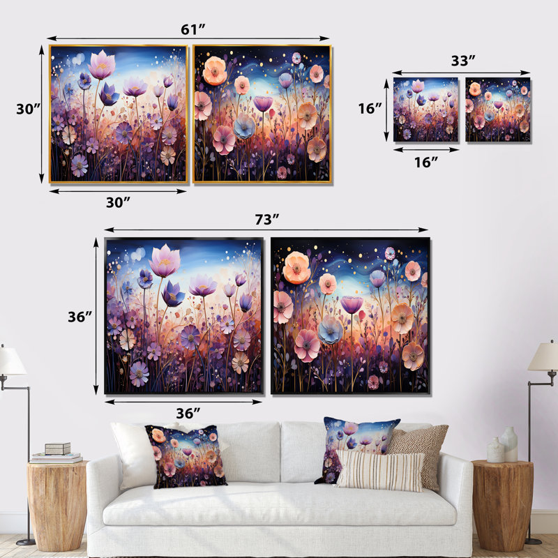 Blue Enchanted Gardens I - Abstract Botanicals Square - ensemble de 2 collages carrés, Cadre flottant doré, H 30 po x l 61 po