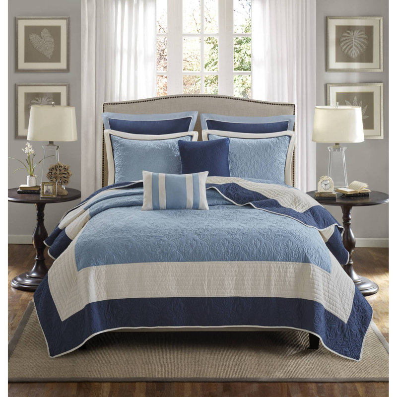 Ensemble de literie bleu marine, courtepointe en microfibre avec coussins décoratifs, style traditionnel