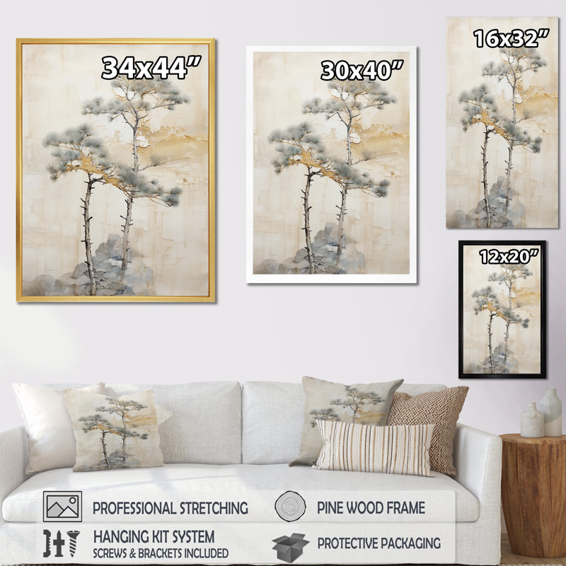 " Beige Tree Pine Tranquility III ", Gold Floater Framed, 32" H x 16" W x 1" D
