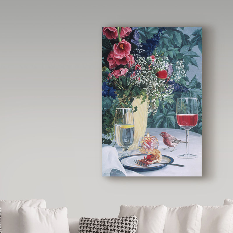Modern Symmetrical Framed Canvas Art with Bird and Wine Glass