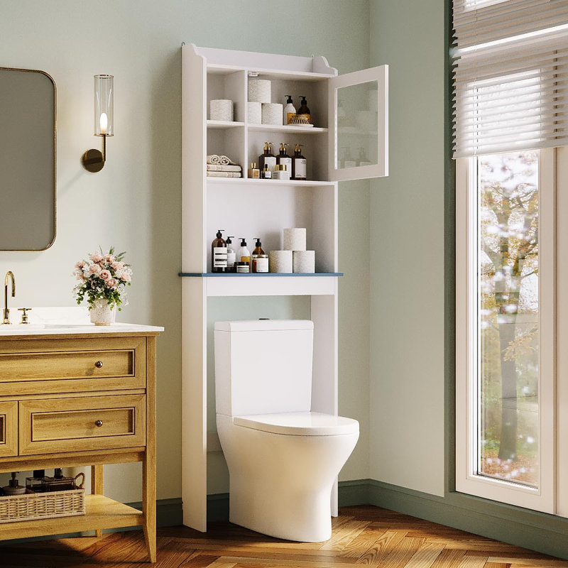 Over The Toilet Storage Cabinet with Adjustable Shelves & Tempered Glass Doors – Space-Saving Freestanding Bathroom Organizer