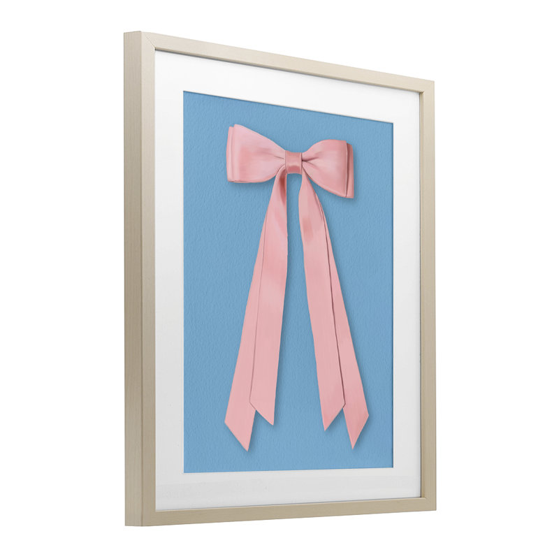 «Pink Satin Bow» sur fond bleu imprimé sous verre, design par Jilly Jack Designs, Cadre de récolte en pin, H 21 po x l 17 po