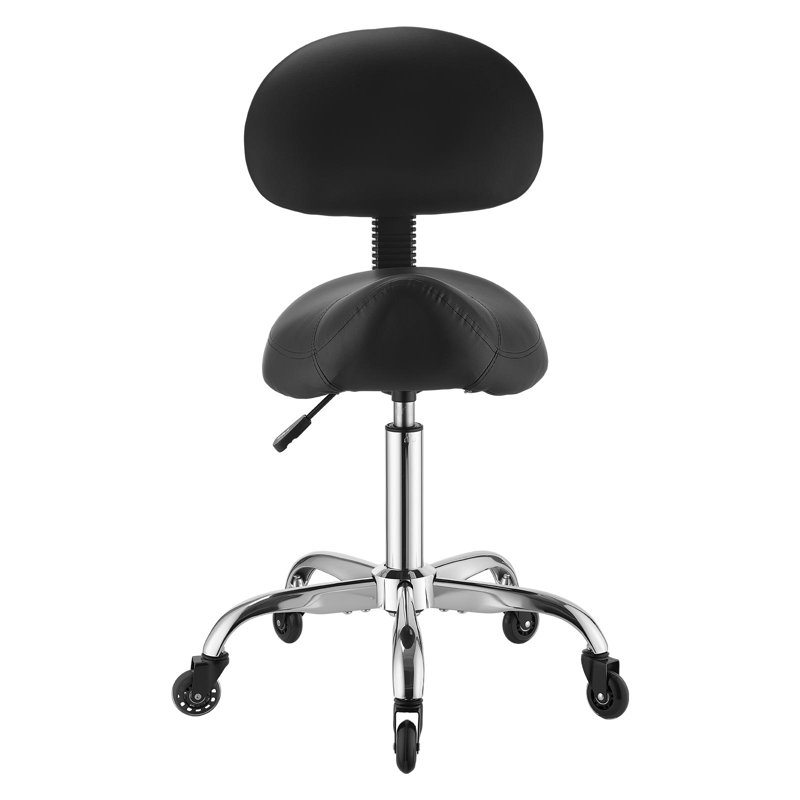 Tabouret de selle avec support pour le dos, capacité de poids de 500 lb, hauteur réglable, roulettes silencieuses, siège en cuir PU ergonomique, chaise roulante pivotante à 360 ° pour tabouret de salon, spa, bar, médical, noir