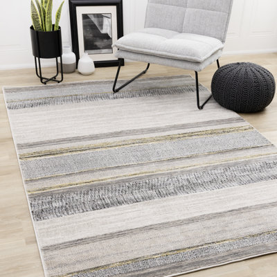 Tapis tissé à rayures beige, jaune et blanc