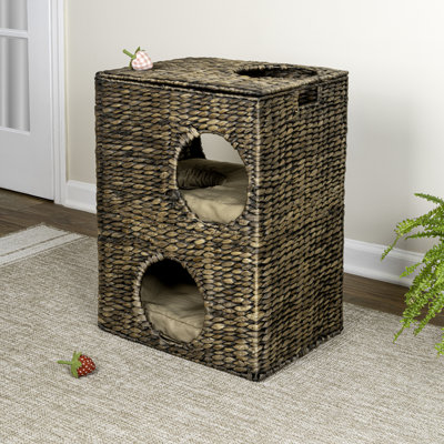 Jaxon 18" Modern Classic 2-Tier Handwoven Hyacinth Rectangular 5-Hole Pet Condo with 2 Machine-Washable Cushions