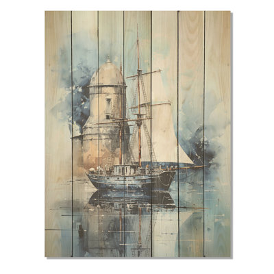 Bateau minimaliste blanc et bleu Horizong I - Minimalisme côtier sur bois
