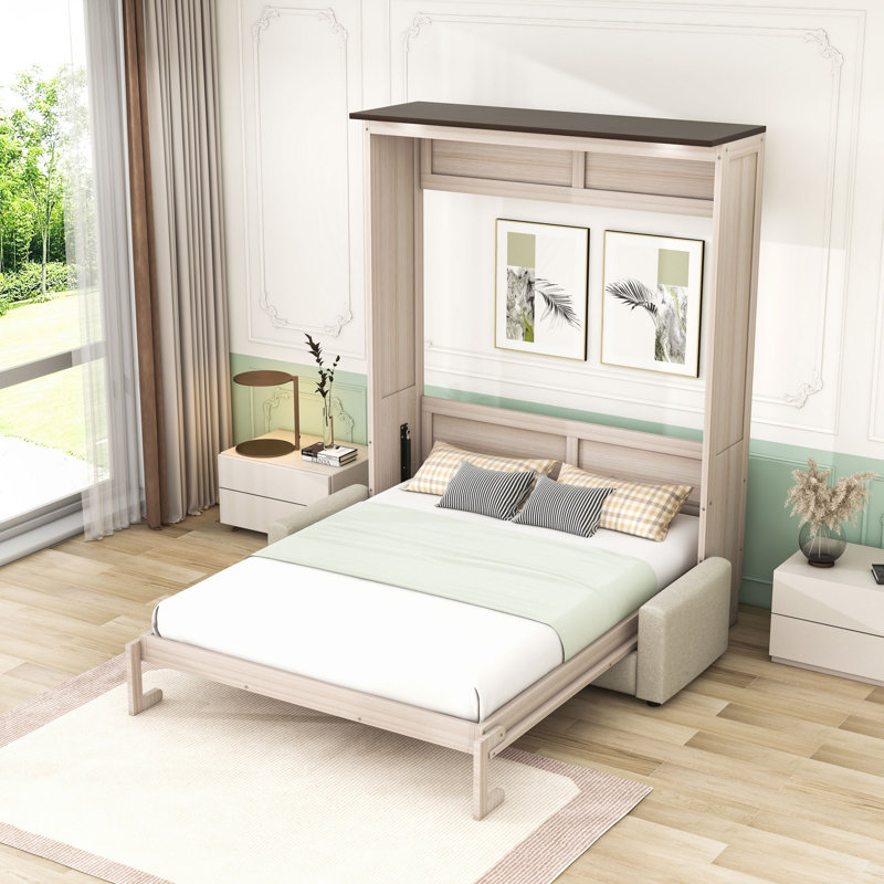 Grand lit escamotable en bois avec canapé et lumière DEL