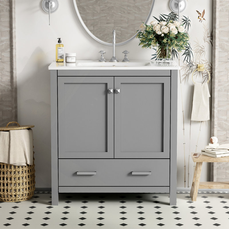 Meuble-lavabo de 30 po avec lavabo simple, meuble-lavabo encastré, armoire de rangement avec 2 portes et un tiroir, fermeture en douceur, rangement multifonctionnel, structure en bois massif