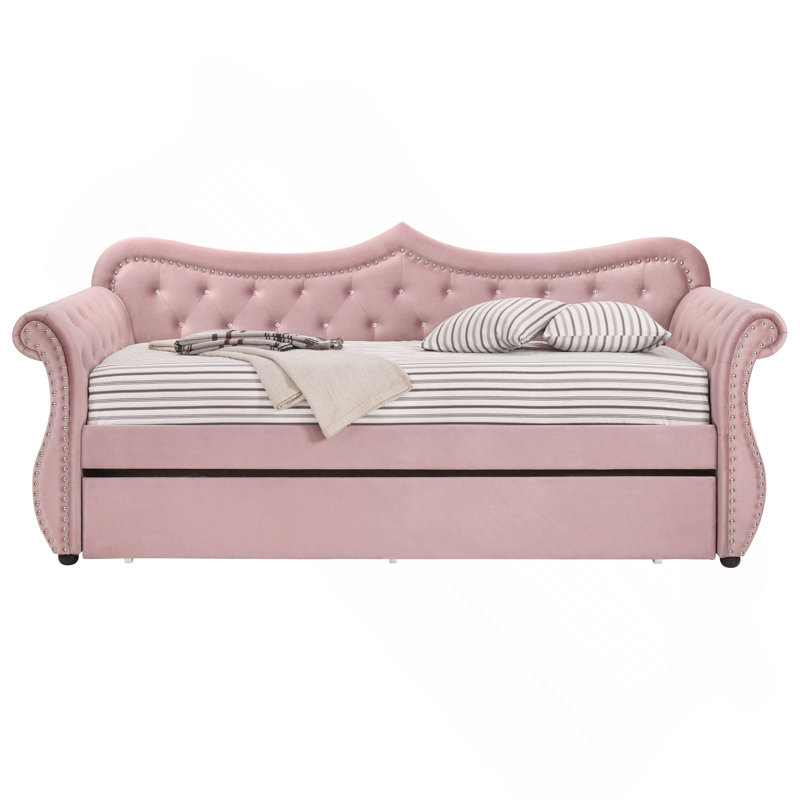 Pink Upholstered Twin Daybed with Trundle, Pink Linen