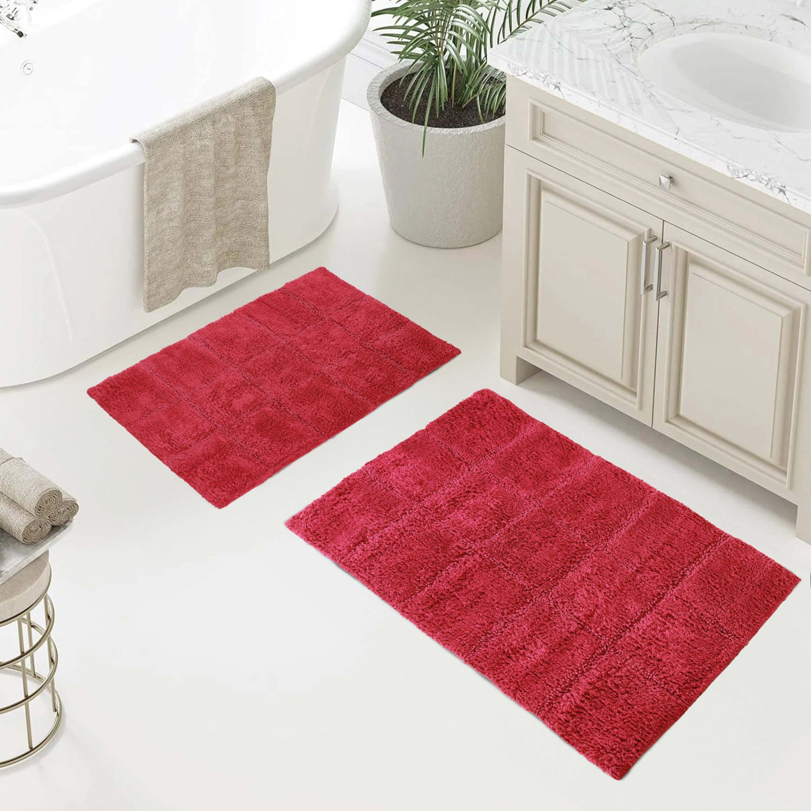 Checkered Cotton Bath Rug, Checkers Burgundy