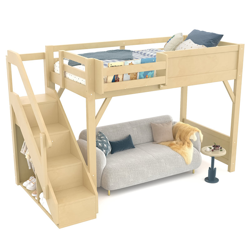 Lit mezzanine simple en bois massif avec garde-robe intégrée, rangement, tablettes de chevet, garde-corps et escaliers, naturel