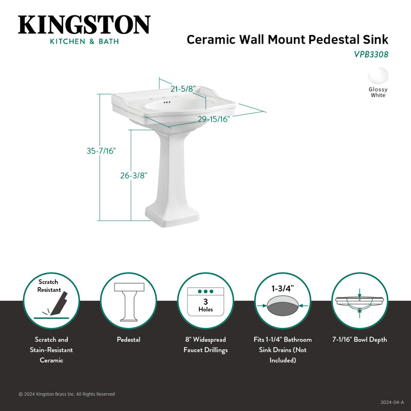 Kingston Brass Imperial Ceramic Pedestal Sink, 35.44" H x 29.94" W x 29.98" L