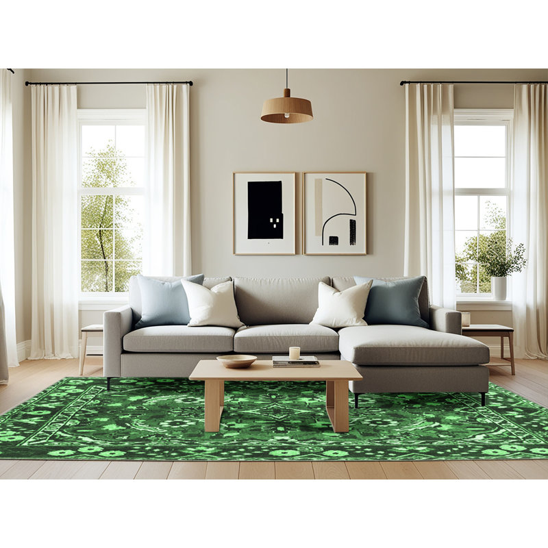 Tapis oriental vert / noir en laine et polyester tissé à la machine Oliverson, Rectangle 6 pi x 9 pi