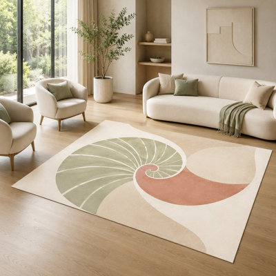 "Ultra Thin" 5'x7' Nautilus Shell Spiral Area Rug for Living Room, Soft Low Pile Indoor Rug with Non-Slip Silicone Backing, Decorative Carpet for Bedroom, Office, Family Room, Sage Green