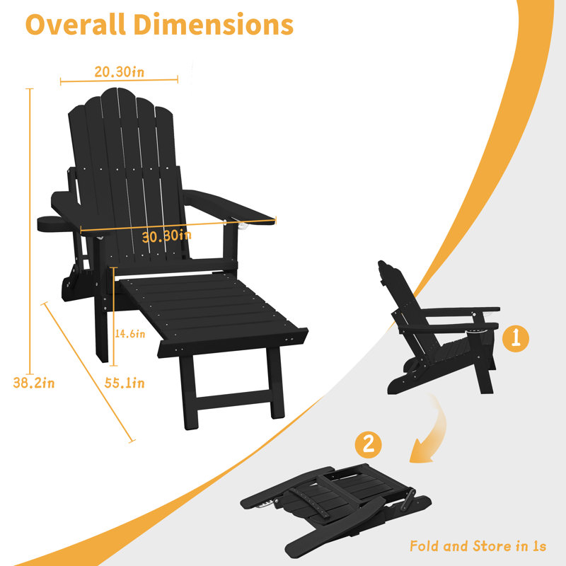 Wister Foldable Outdoor Adirondack Chair With Ottoman, Black