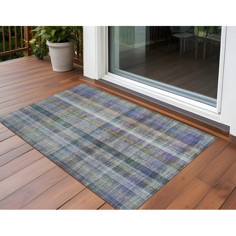3' X 5' Blue Gray and Green Plaid Washable Non Skid Indoor Outdoor Area Rug