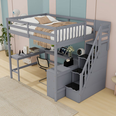 Lit mezzanine double avec bureau intégré et tablettes