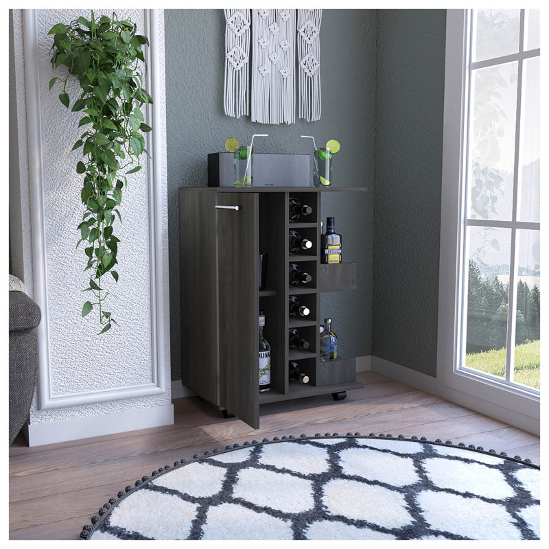 Chariot-bar Wells avec armoire fermée et tablettes ouvertes, finition espresso sur panneau de particules