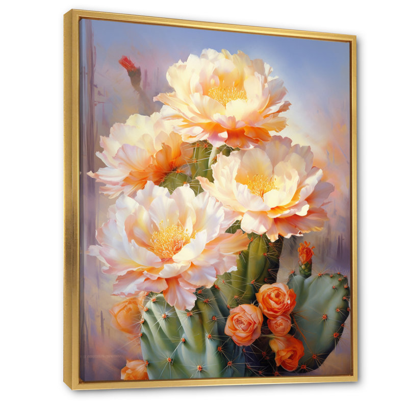 Yuna, rose, vert, cactus, impression romantique IV, H 20 po x l 12 po x P 1 po, Cadre flottant doré
