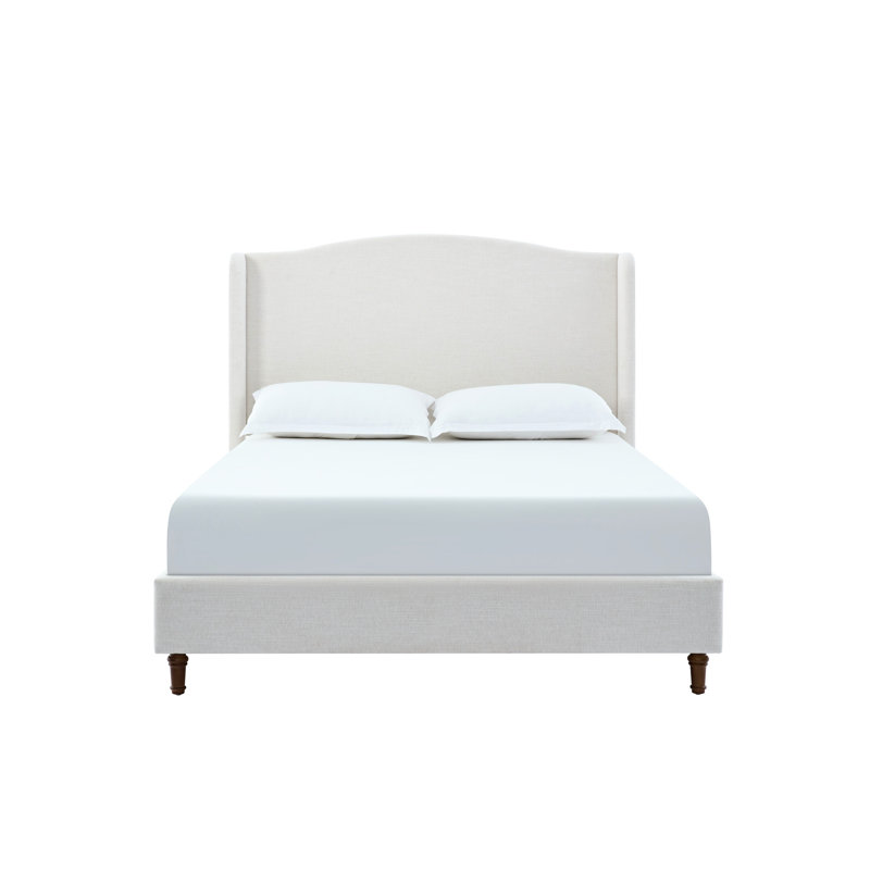 Grand lit avec tête de lit à oreilles - attrait minimaliste, revêtement en chenille, structure en métal, sans sommier, attrayante chambre de 54 po de hauteur, rembourré,