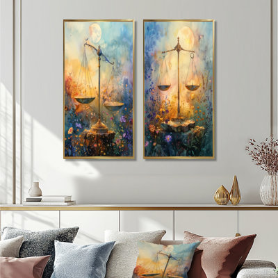 Yellow Blue Astrology Balanced Harmony Libra I - Astronomy Libra Wall Art 2 Pieces Set
