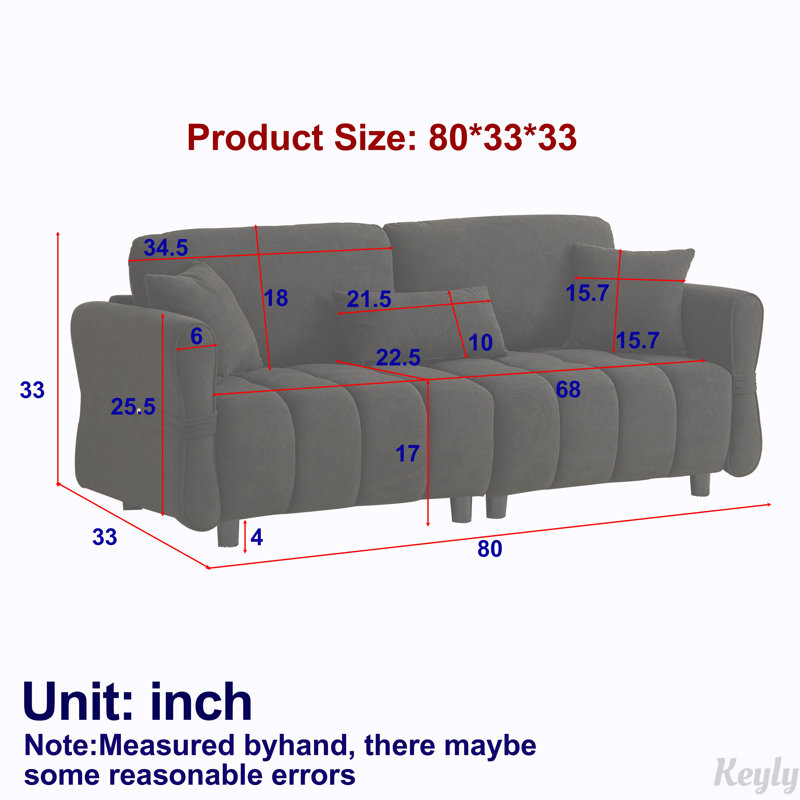 80''chenille fabric sofa with pillow, Black