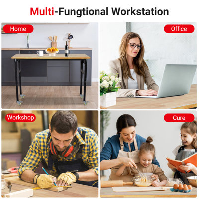 48 x 24" Adjustable Workbench With Power Outlet Rubber Wood Construction, Height-Adjustable From 29.5" To 39.4", Pegboard With Rulers, Hooks And Rolling Wheels, 2000Lb Capacity For Garage And Workshop