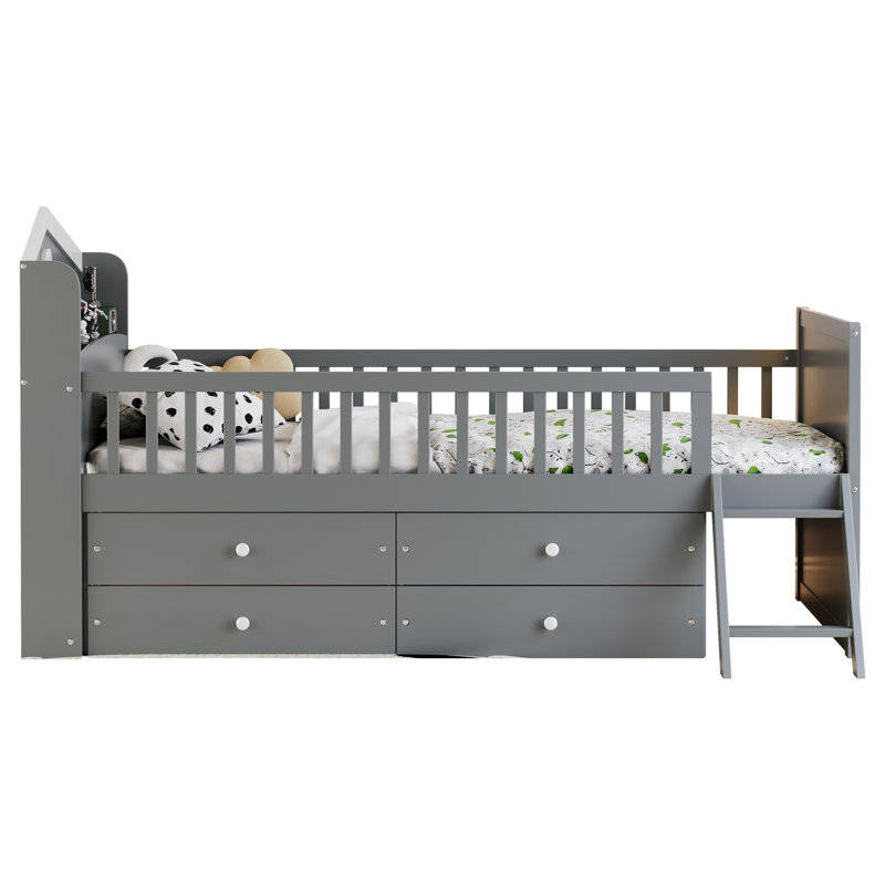 Structure de lit simple pour lit gris, 4 tiroirs, garde-corps, tête de lit en forme de maison, escalier inférieur à 2 marches, lit plateforme, tablette à tête de lit à assemblage rapide, rangement, convient