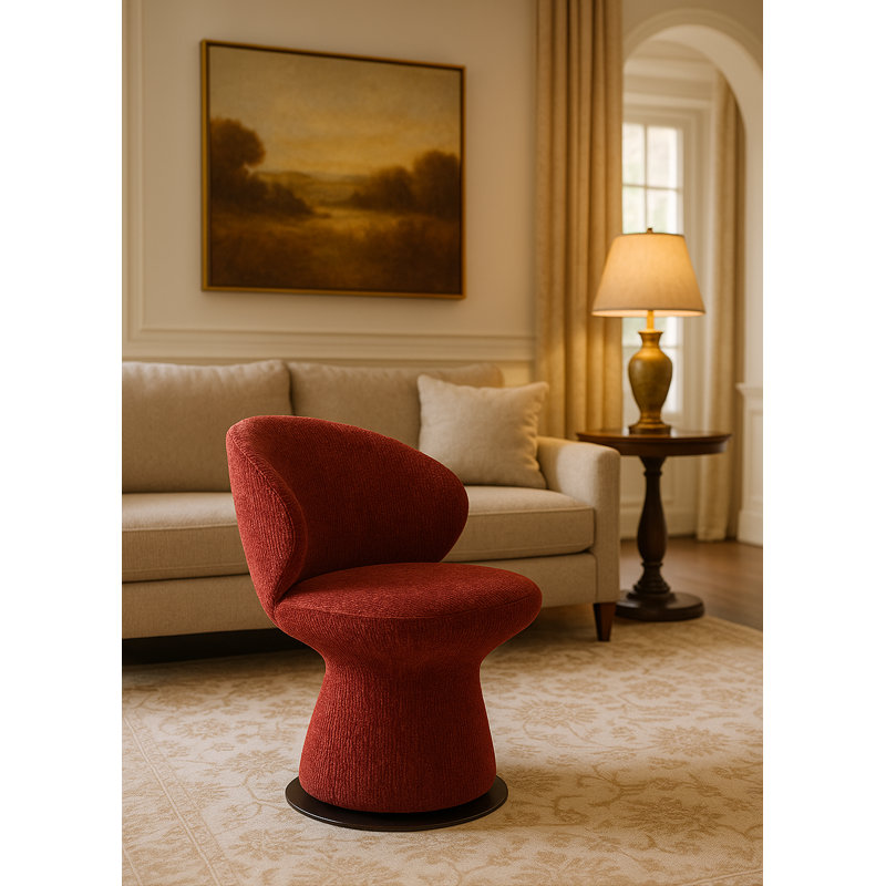 Fauteuil d'appoint sculptural pivotant en chenille cramoisi luxueux