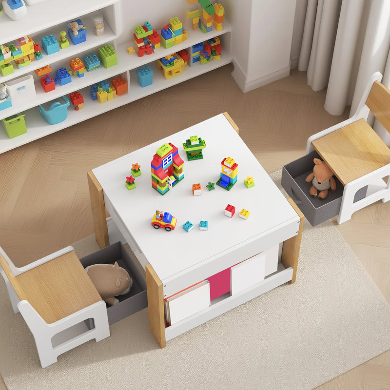 Kids 3 Piece and Chair Set, White/Natural