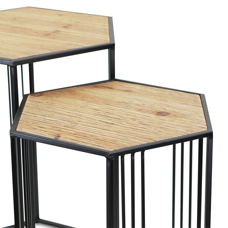 Set Of Two 24" Black And Brown Solid Wood And Steel Hexagon Nested Tables
