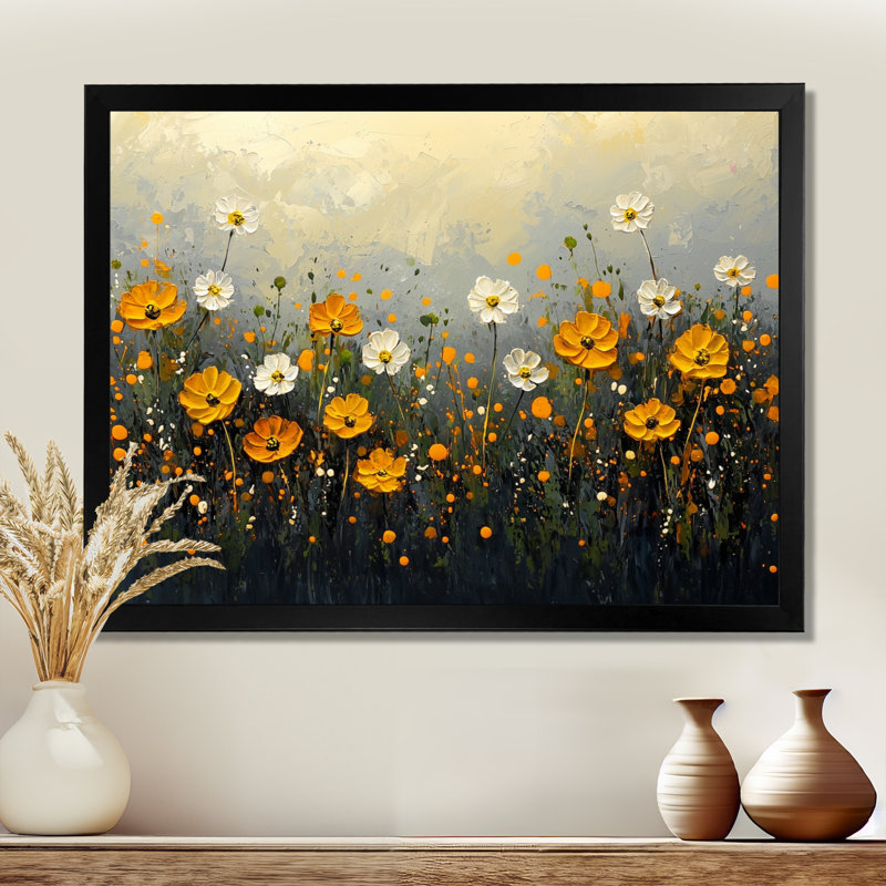 «Dark Summer Daisies Field Landscape III - Daisies», art mural, H 12 po x l 20 po, Cadre simple, Noir