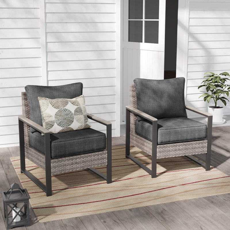 2 Piece Wicker Patio Chairs Set, Gray, Black Gray