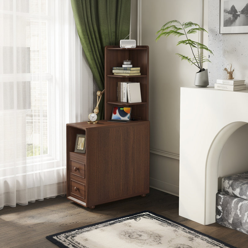 Table de bout avec tiroirs, table de coin avec tablettes ouvertes, table d'appoint haute pour chambre à coucher et coin
