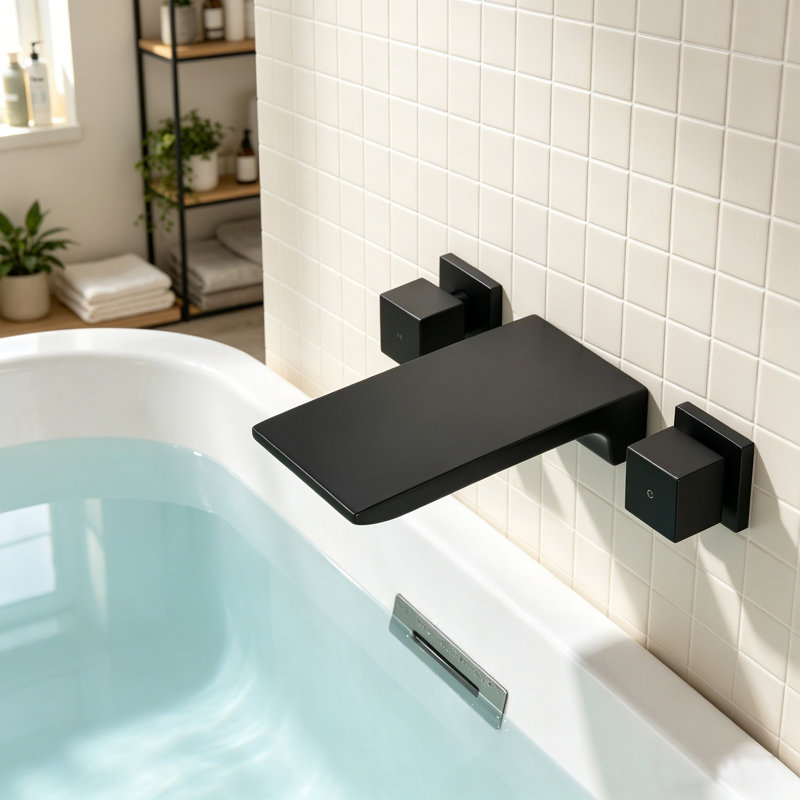 Wall Mounted Tub Spout With Waterfall Flow, Solid Brass Bathroom Bathtub Faucet , High Flow Rate With Dual Handle Control