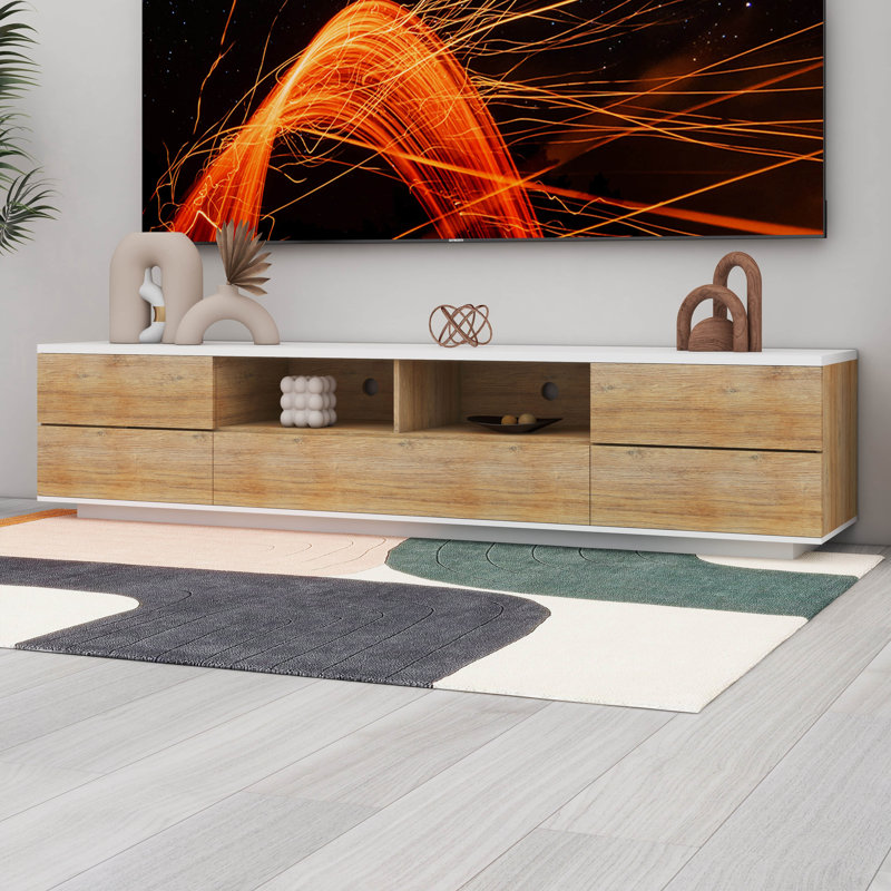 Meuble télé moderne, console multimédia avec rangement multifonctionnel, Naturel / Blanc