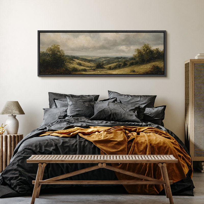 Rolling Countryside Landscape Large Framed Canvas Print Wall Art for Traditional Rustic Decor, 20" H x 60" W, Black