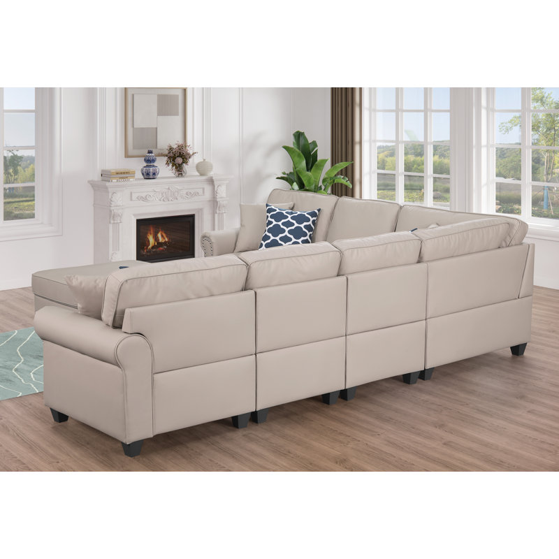 Bozhanka Artificial Leather Modular Sectional With Ottoman, Beige Faux Leather