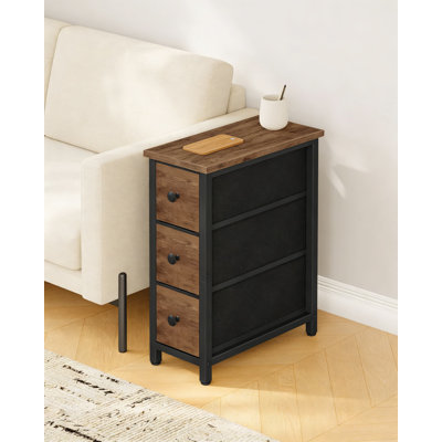 Table d'appoint mince avec 3 tiroirs, table de bout industrielle étroite pour les petits espaces, chambre à coucher, salon, dortoir, brun rustique et finition noire