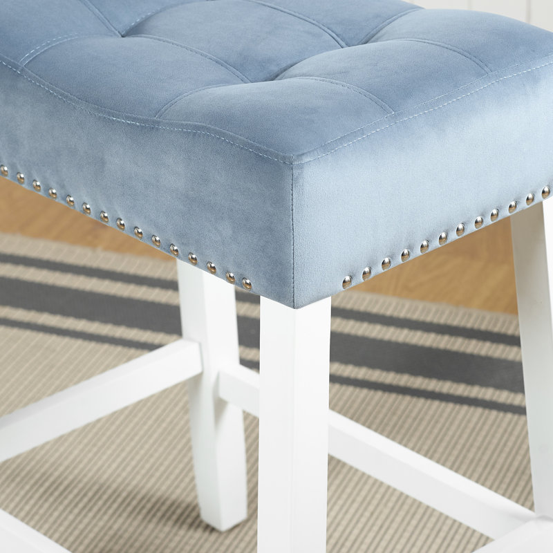 2 tabourets de hauteur comptoir en velours, siège en selle, bleu, bleu captation de 2, siège, design blanc délavé, Bleu