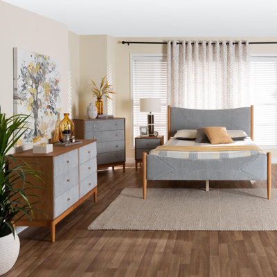 Ensemble de chambre à coucher grand lit en velours côtelé gris et chêne brun Mid-Century Taylin